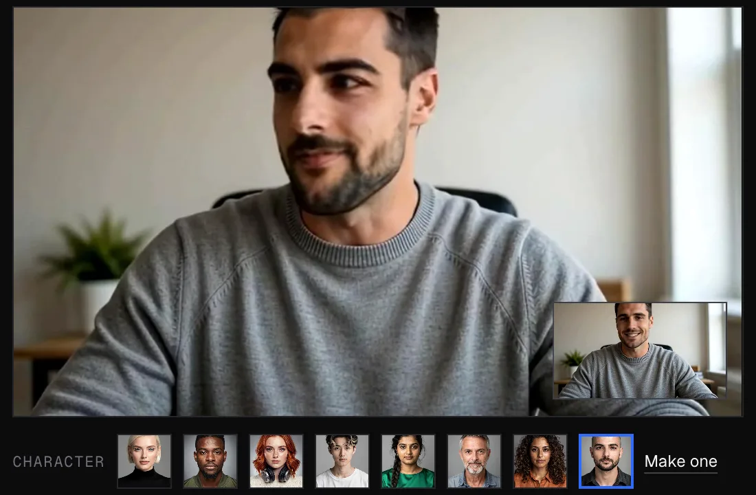 The Live Face Swap page mid-swap: a bearded character's face on the webcam, the real camera in the corner and the face picker below
